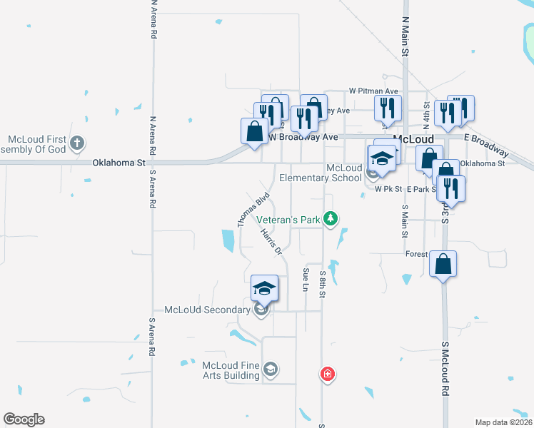 map of restaurants, bars, coffee shops, grocery stores, and more near 422 Jarman Drive in McLoud