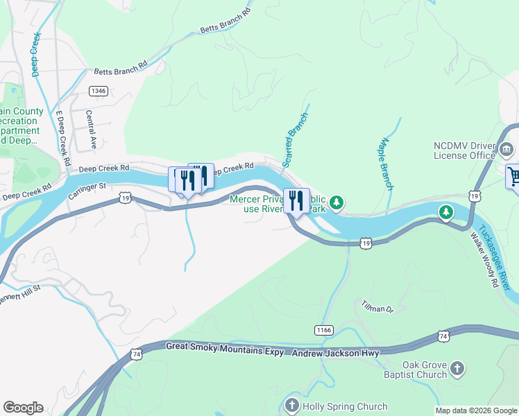 map of restaurants, bars, coffee shops, grocery stores, and more near 150 Holly Hill Road in Bryson City