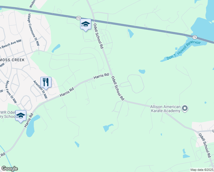 map of restaurants, bars, coffee shops, grocery stores, and more near 1347 Odell School Road in Concord