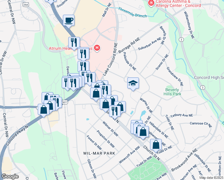 map of restaurants, bars, coffee shops, grocery stores, and more near 96 Circle Drive Northeast in Concord
