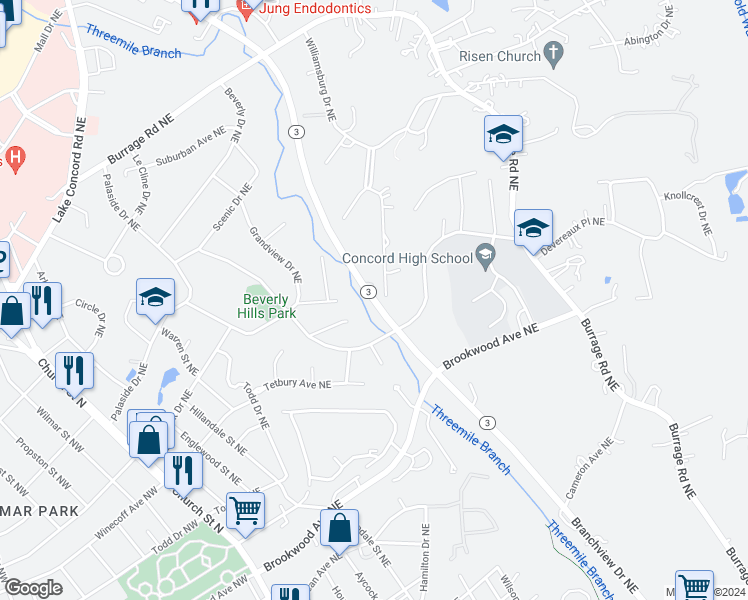 map of restaurants, bars, coffee shops, grocery stores, and more near Branchview Drive Northeast in Concord