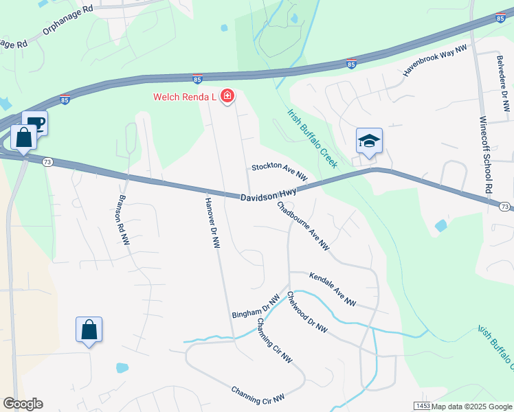 map of restaurants, bars, coffee shops, grocery stores, and more near 3619 Davidson Highway in Concord