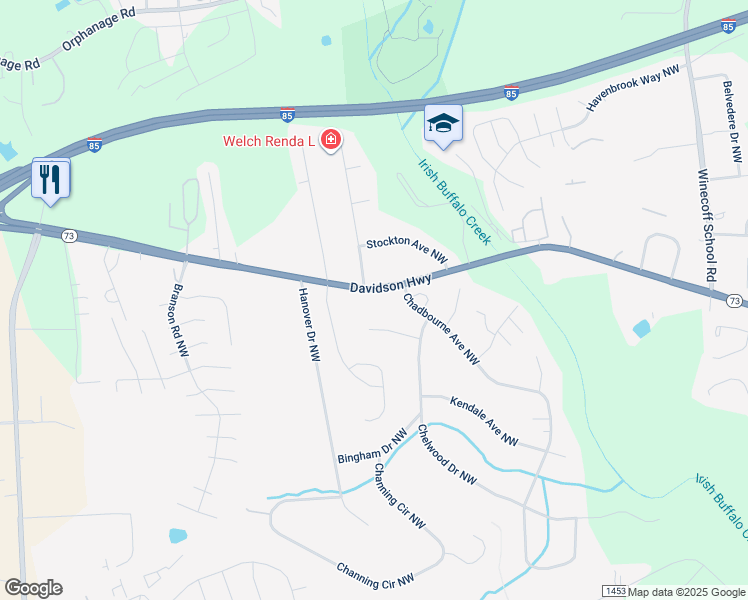 map of restaurants, bars, coffee shops, grocery stores, and more near 3619 Davidson Highway in Concord