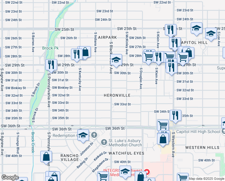 map of restaurants, bars, coffee shops, grocery stores, and more near 3205 South Blackwelder Avenue in Oklahoma City