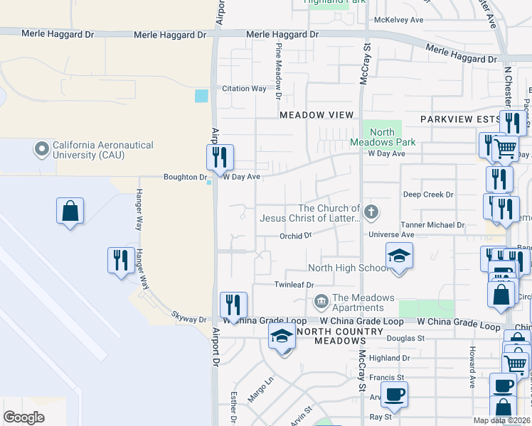 map of restaurants, bars, coffee shops, grocery stores, and more near 704 Meadow Grove Court in Bakersfield