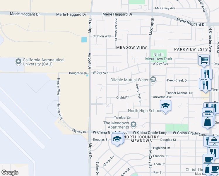 map of restaurants, bars, coffee shops, grocery stores, and more near 704 Meadow Grove Court in Bakersfield