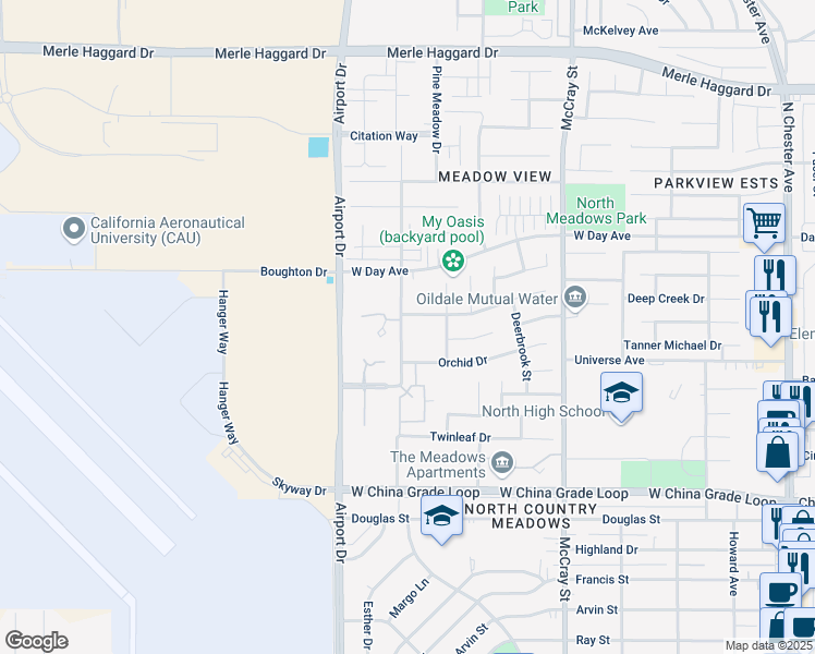 map of restaurants, bars, coffee shops, grocery stores, and more near 2911 Park Meadows Drive in Bakersfield