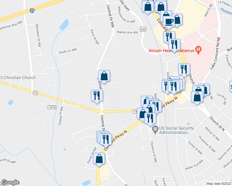 map of restaurants, bars, coffee shops, grocery stores, and more near 424 Action Drive Northwest in Concord