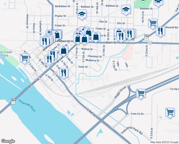 map of restaurants, bars, coffee shops, grocery stores, and more near 401 Meyer Drive in Van Buren