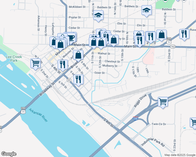 map of restaurants, bars, coffee shops, grocery stores, and more near 1212 Ozier Street in Van Buren
