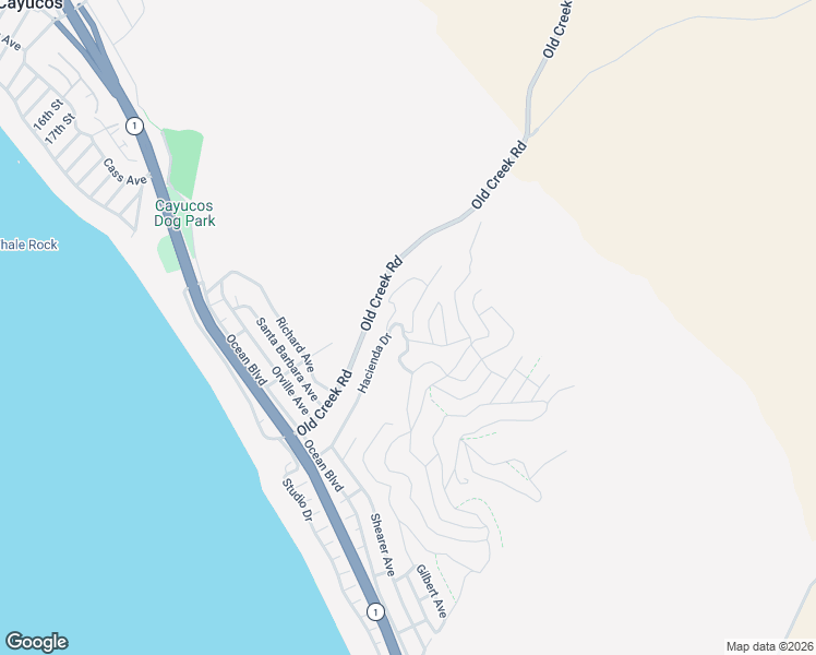 map of restaurants, bars, coffee shops, grocery stores, and more near Ramona Avenue in Cayucos
