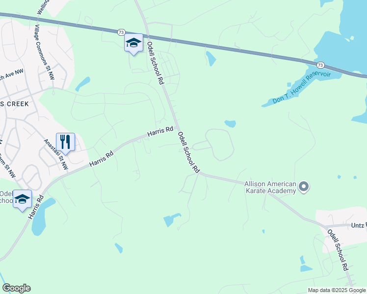 map of restaurants, bars, coffee shops, grocery stores, and more near 1347 Odell School Road in Concord