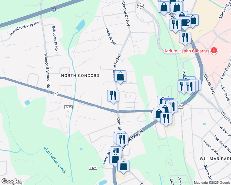 map of restaurants, bars, coffee shops, grocery stores, and more near 999 Central Drive Northwest in Concord