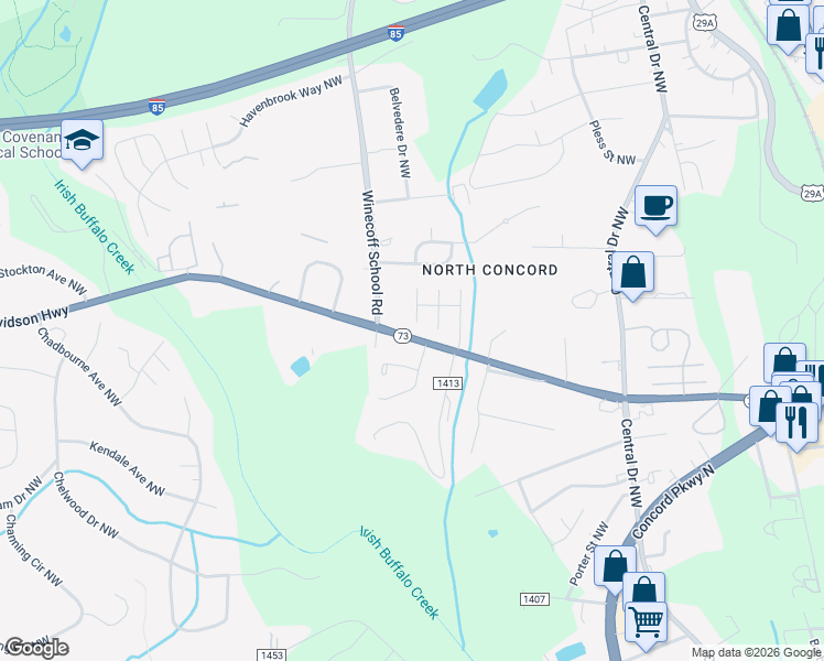 map of restaurants, bars, coffee shops, grocery stores, and more near 1167 Belmont Court Northwest in Concord