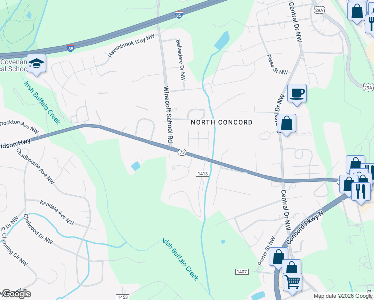map of restaurants, bars, coffee shops, grocery stores, and more near 1167 Belmont Court Northwest in Concord
