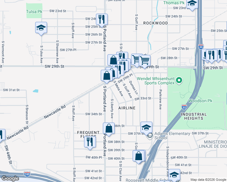 map of restaurants, bars, coffee shops, grocery stores, and more near 3600 Block Newcastle in Oklahoma City