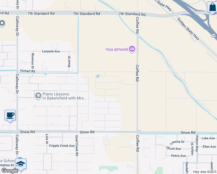 map of restaurants, bars, coffee shops, grocery stores, and more near 8418 Creede Street in Bakersfield
