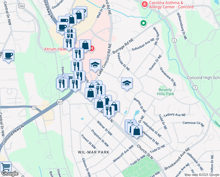 map of restaurants, bars, coffee shops, grocery stores, and more near 96 Circle Drive Northeast in Concord