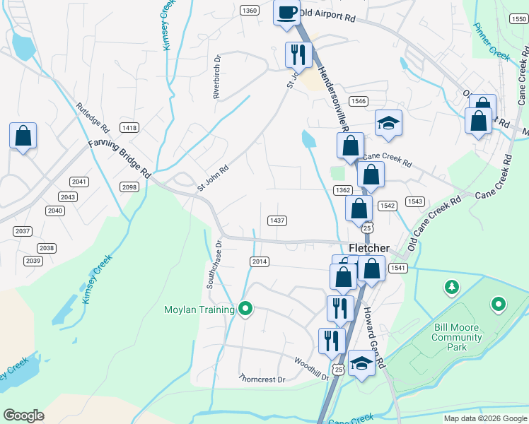 map of restaurants, bars, coffee shops, grocery stores, and more near 105 Poteat Street in Fletcher