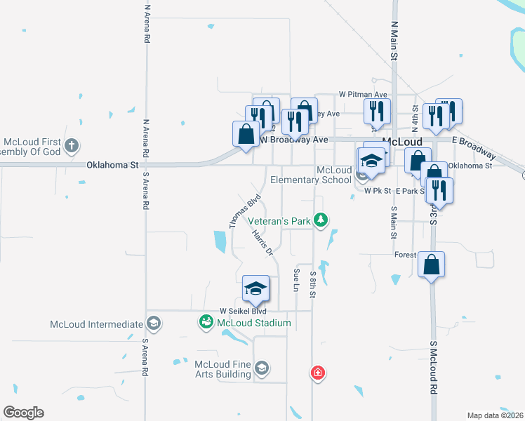 map of restaurants, bars, coffee shops, grocery stores, and more near 404 Jarman Drive in McLoud