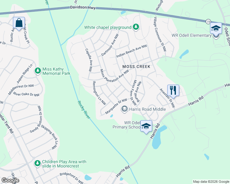 map of restaurants, bars, coffee shops, grocery stores, and more near 1433 Prestbury Road Northwest in Concord