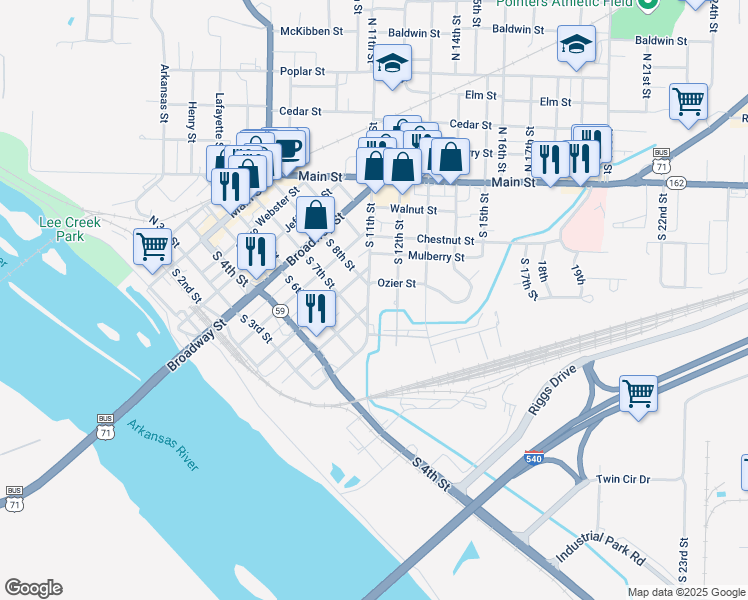 map of restaurants, bars, coffee shops, grocery stores, and more near 519 South 11th Street in Van Buren