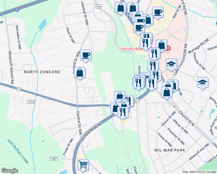 map of restaurants, bars, coffee shops, grocery stores, and more near 100 Horizon Court Northwest in Concord