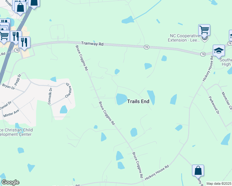 map of restaurants, bars, coffee shops, grocery stores, and more near 401 Bruce Coggins Road in Sanford