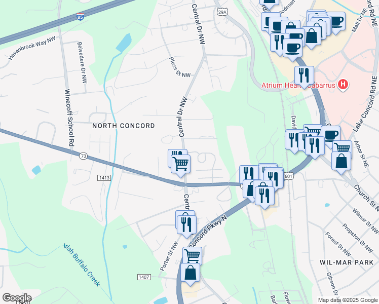 map of restaurants, bars, coffee shops, grocery stores, and more near 388 Action Drive Northwest in Concord