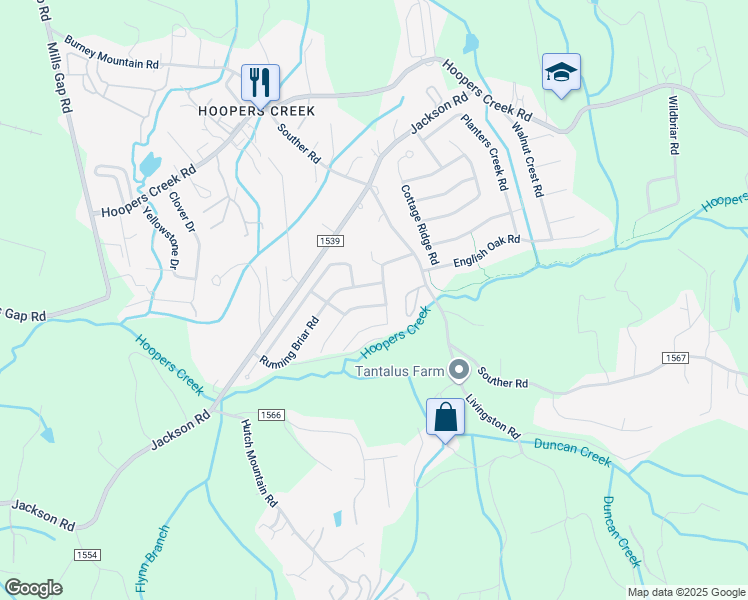 map of restaurants, bars, coffee shops, grocery stores, and more near 32 Misty Valley Road in Fletcher