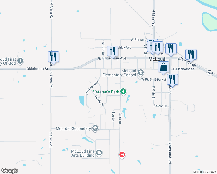 map of restaurants, bars, coffee shops, grocery stores, and more near 23501 North 8th Street in McLoud