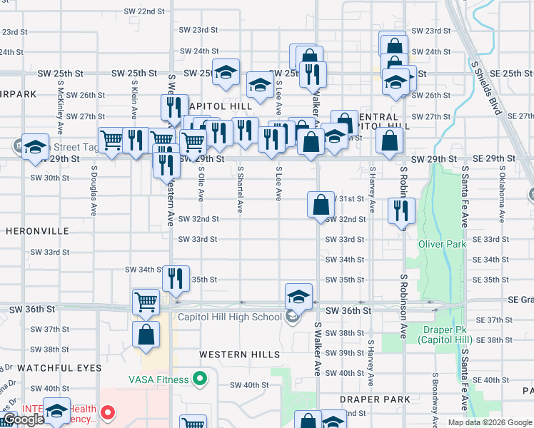 map of restaurants, bars, coffee shops, grocery stores, and more near 600 Southwest 31st Street in Oklahoma City