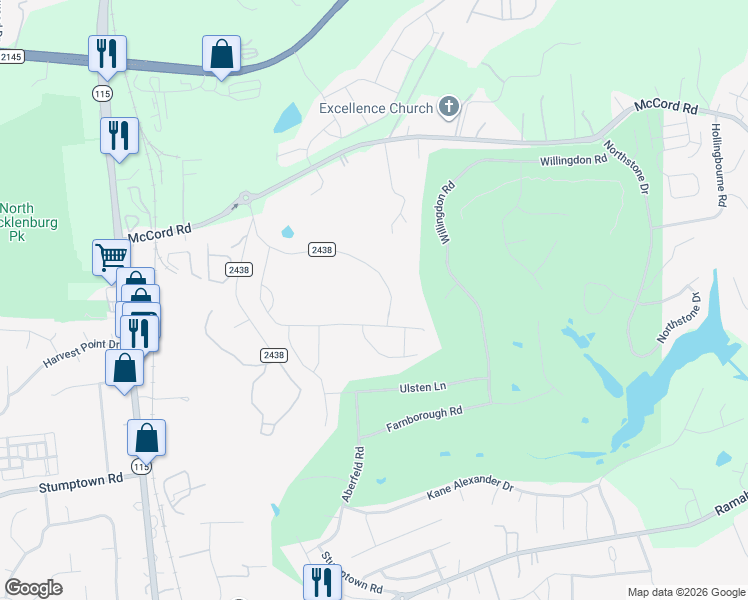map of restaurants, bars, coffee shops, grocery stores, and more near 10001 Hagers Road in Huntersville