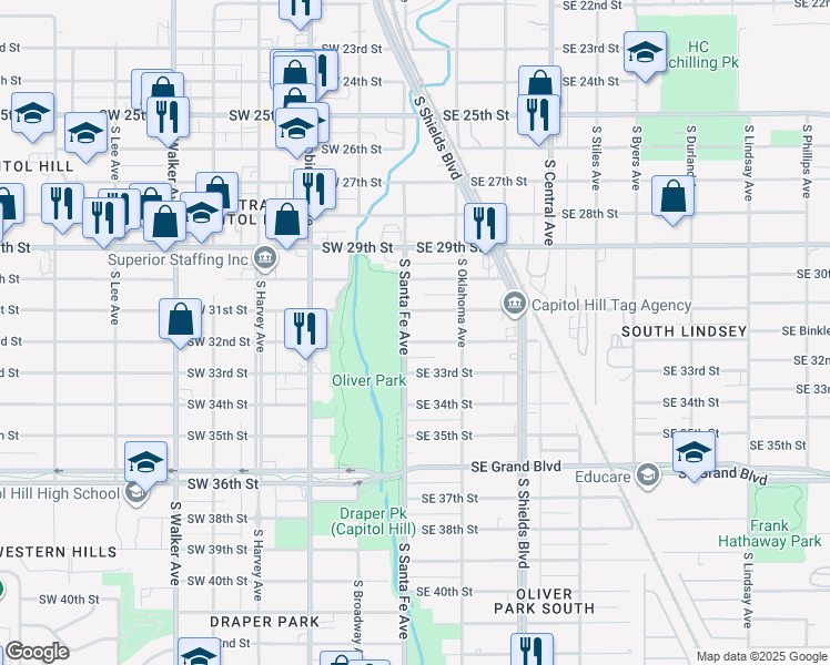 map of restaurants, bars, coffee shops, grocery stores, and more near 10 Southeast 31st Street in Oklahoma City