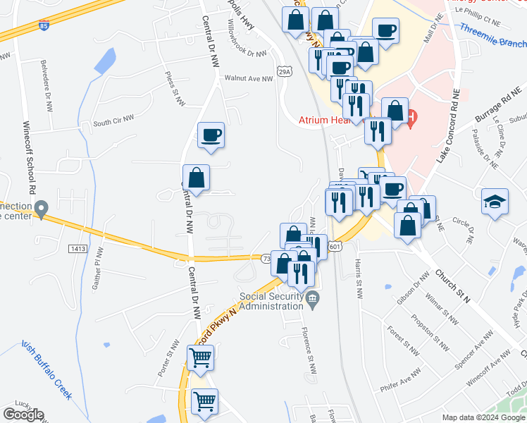 map of restaurants, bars, coffee shops, grocery stores, and more near 502 Horizon Court Northwest in Concord