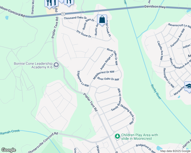 map of restaurants, bars, coffee shops, grocery stores, and more near Middlecrest Drive Northwest in Concord