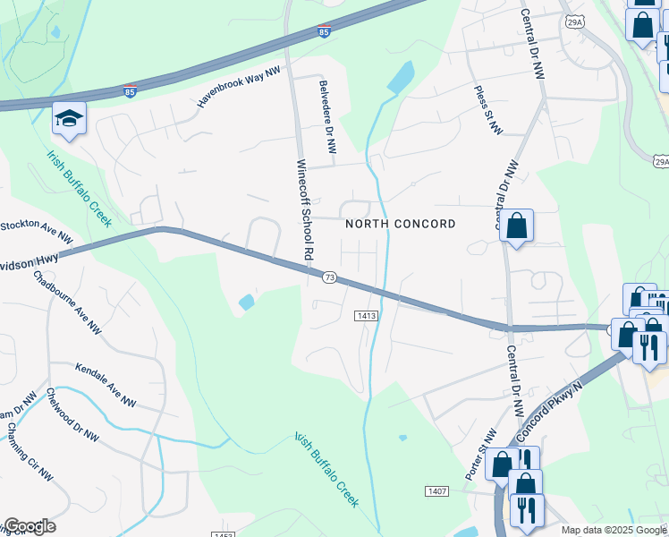 map of restaurants, bars, coffee shops, grocery stores, and more near 1159 Belmont Court Northwest in Concord
