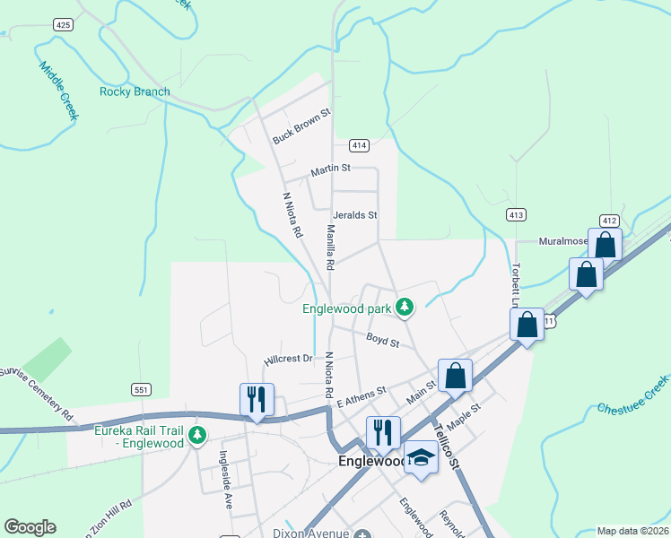 map of restaurants, bars, coffee shops, grocery stores, and more near 222 Manilla Road in Englewood