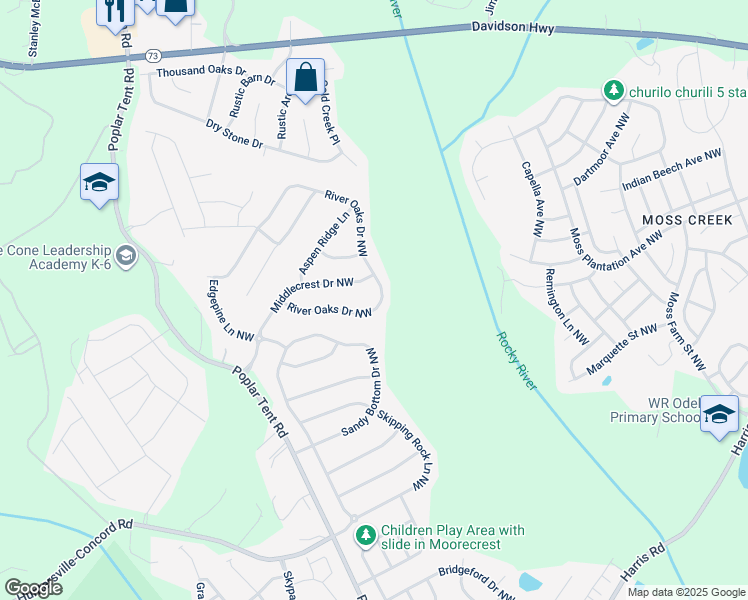 map of restaurants, bars, coffee shops, grocery stores, and more near 10909 River Oaks Drive Northwest in Concord