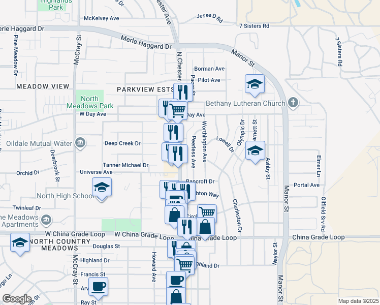 map of restaurants, bars, coffee shops, grocery stores, and more near 2905 Peerless Avenue in Bakersfield