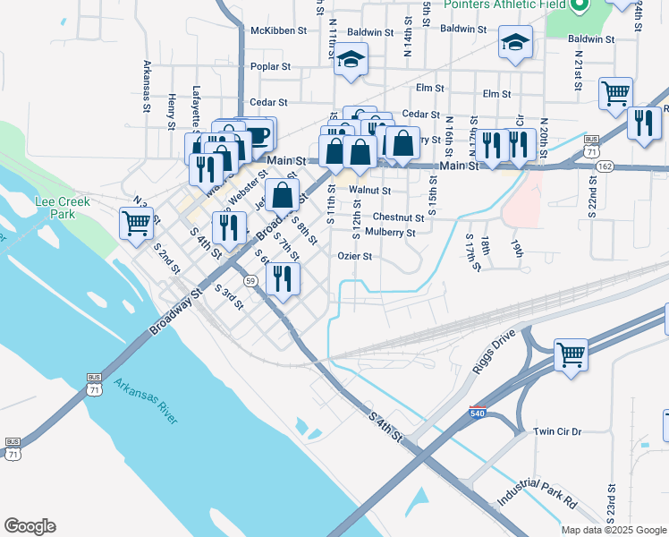 map of restaurants, bars, coffee shops, grocery stores, and more near 515 South 11th Street in Van Buren