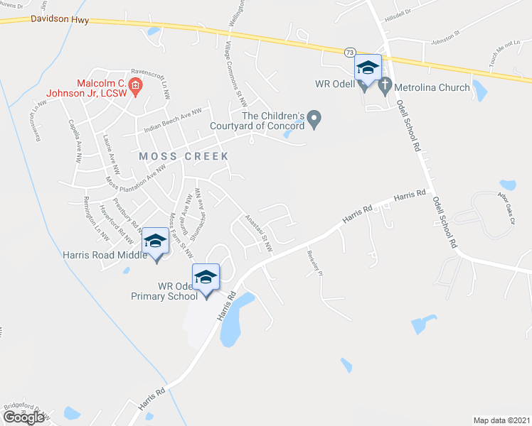 map of restaurants, bars, coffee shops, grocery stores, and more near 1323 Emory Lane Northwest in Concord