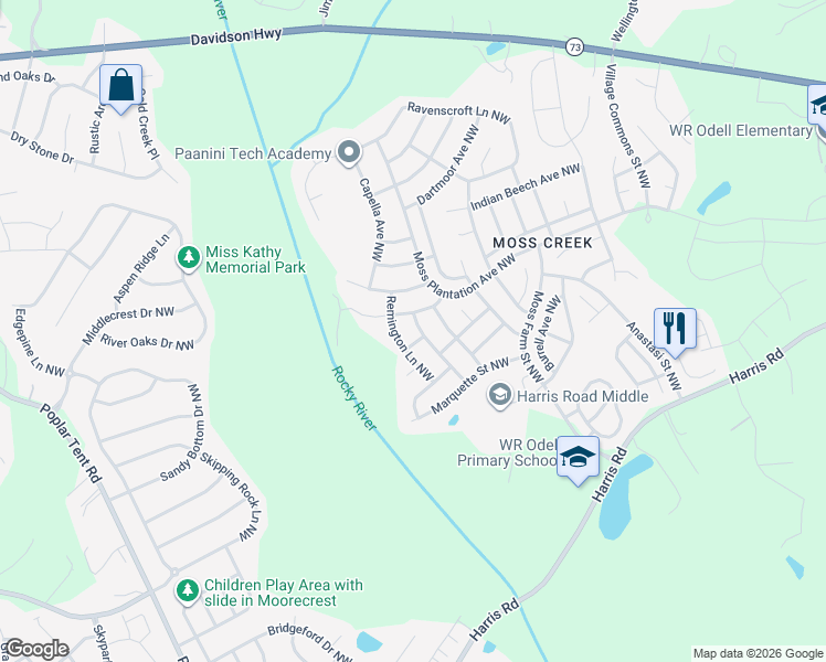 map of restaurants, bars, coffee shops, grocery stores, and more near 1495 Haverford Road Northwest in Concord