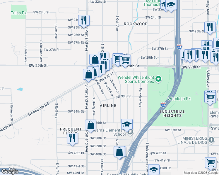 map of restaurants, bars, coffee shops, grocery stores, and more near 3205 Dumas Lane in Oklahoma City