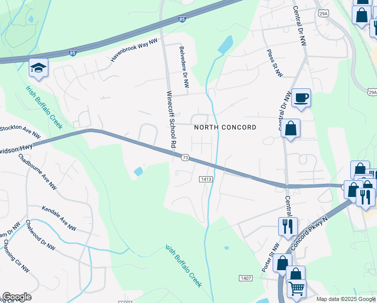 map of restaurants, bars, coffee shops, grocery stores, and more near 1159 Belmont Court Northwest in Concord