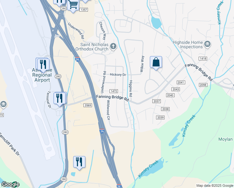 map of restaurants, bars, coffee shops, grocery stores, and more near 21 Norman Road in Fletcher