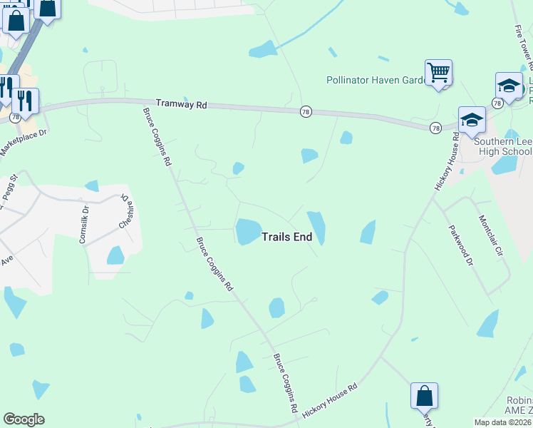 map of restaurants, bars, coffee shops, grocery stores, and more near 105-285 Pinewood Trail in Sanford
