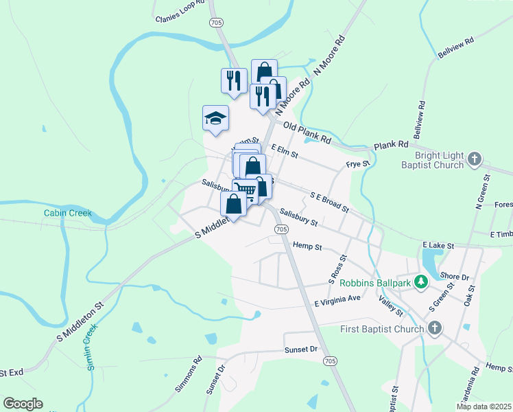 map of restaurants, bars, coffee shops, grocery stores, and more near 131 Salisbury Street in Robbins