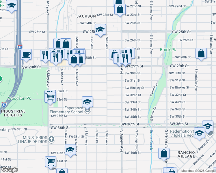 map of restaurants, bars, coffee shops, grocery stores, and more near 3201 South Villa Avenue in Oklahoma City