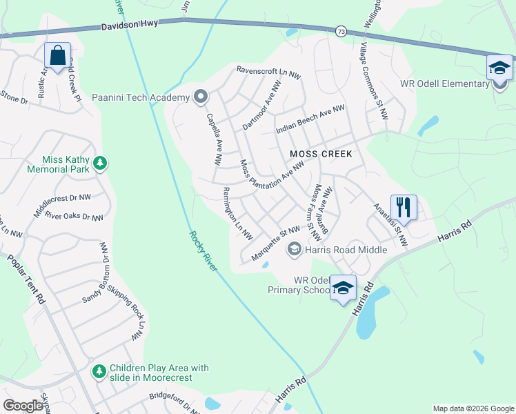 map of restaurants, bars, coffee shops, grocery stores, and more near 1433 Prestbury Road Northwest in Concord